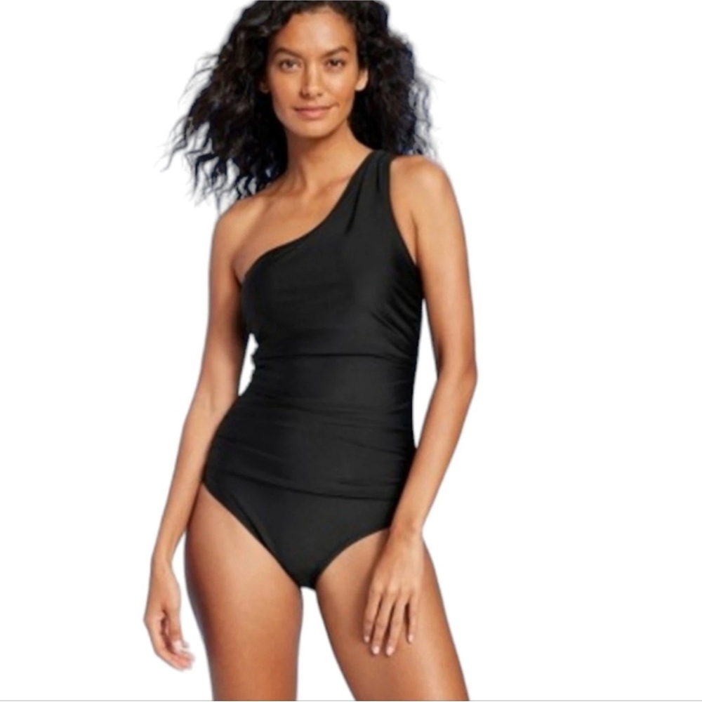 Kona Sol Black One Shoulder Ruched Swim Bathing Suit 12 -14 Large